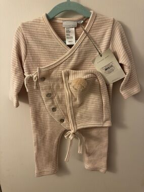 Elegant Baby Cream-Striped Wrap One-Piece with Matching Bonnet